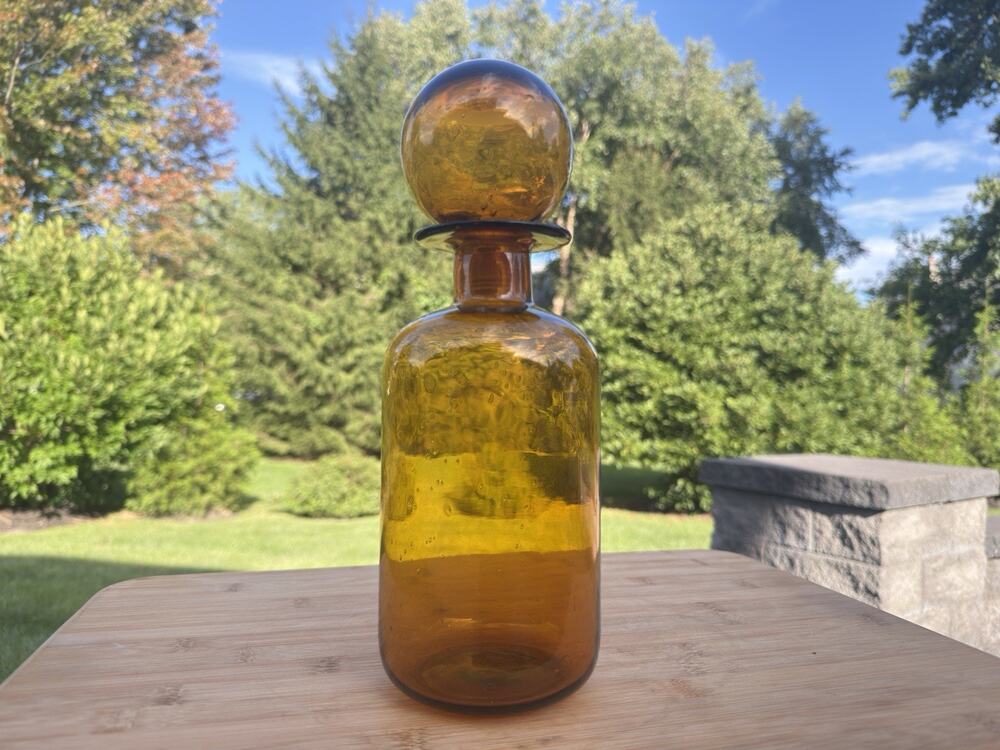 Vintage MCM Mid Century Handblown Glass Bottle w/ Stopper in Amber Color 11.25”